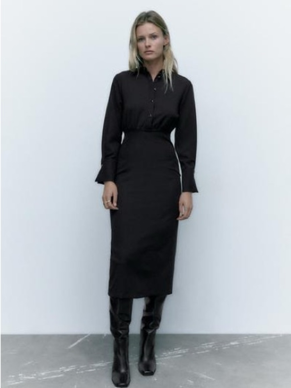 Zara Fitted Black Long-Sleeve Shirt Dress XLarge XL